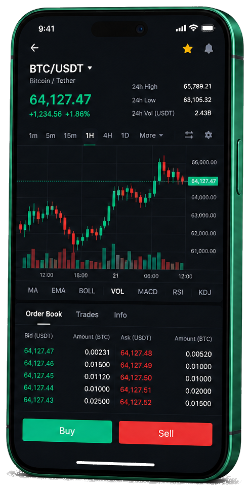 Application mobile Index Dexair OPT — graphique BTC/USDT en direct, carnet d’ordres et outils de trading